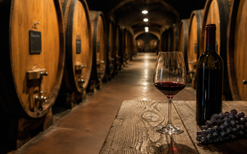 Adega com barris e vinho