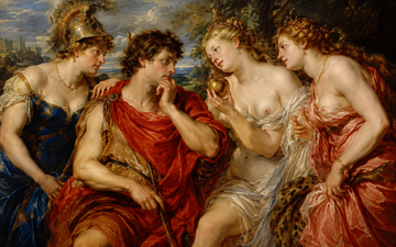 Ilustração baseada na pintura do mestre flamengo, Peter Paul Rubens, representando Paris e as três deusas, que tentam seduzi-lo para ficar com a maçã dourada. Segundo a mitologia, foi a partir da escolha de Paris que teve início a Guerra de Troia