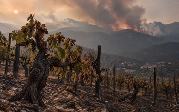 Vinhedo sob Fumaça e Montanhas