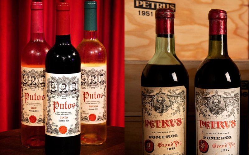 À esquerda, os rótulos branco, tinto e rosé do vinho Putos; à direita, o lendário vinho Petrus - Montagem | Reprodução Instagram @putosvinhos e Divulgação Petrus