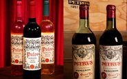 À esquerda, os rótulos branco, tinto e rosé do vinho Putos; à direita, o lendário vinho Petrus - Montagem | Reprodução Instagram @putosvinhos e Divulgação Petrus