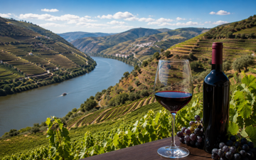 Vinho e vinhedo à beira-rio